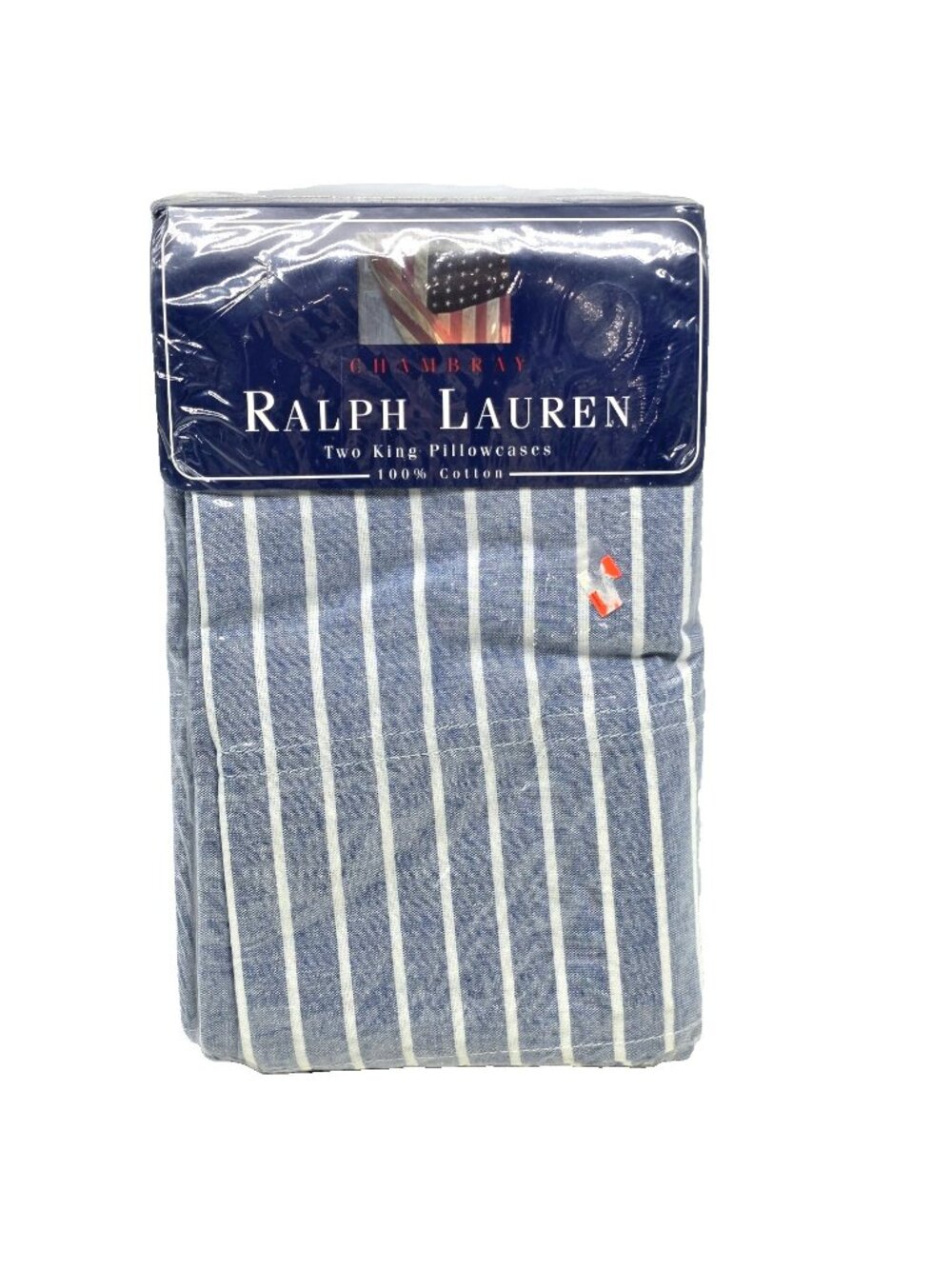 RALPH LAUREN Chambray KING Pillowcases 2 Blue Stripe NEW Old Stock Cotton USA